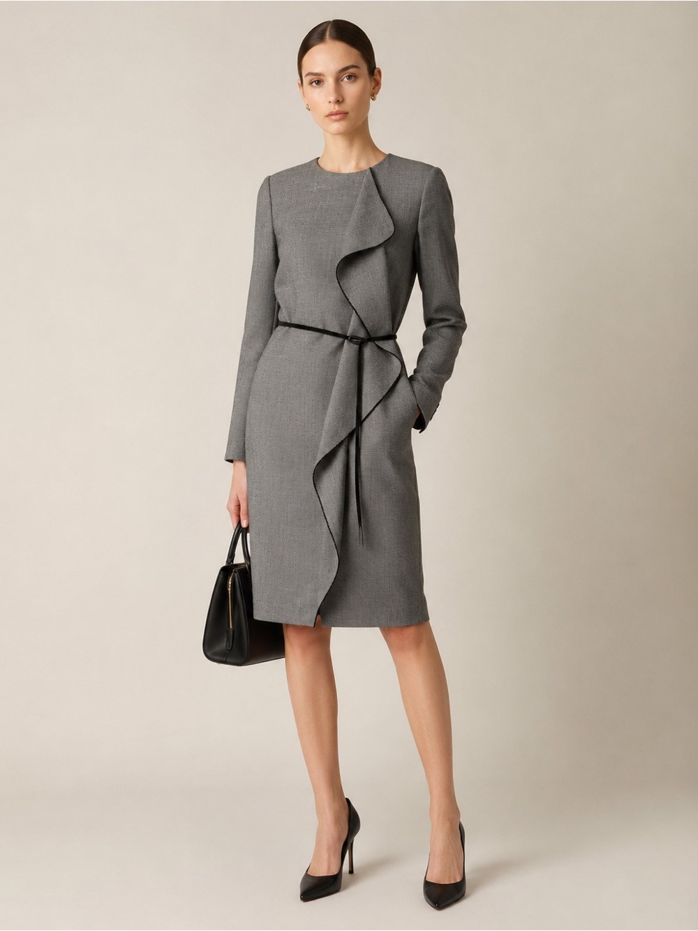 MaxMara Grey Virgin Wool Blend Belted Ruffle Midi Dress US 8 Career Capsule